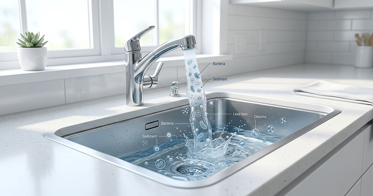 "water contaminants concept showing clean faucet water with subtle microscopic particle overlay representing impurities"