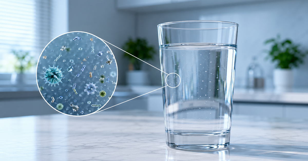 "microplastics in drinking water concept showing clear glass with microscopic particle overlay"