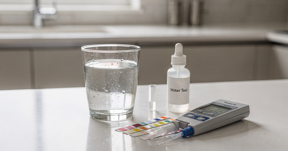 home water test concept showing testing tools and glass of tap water on kitchen counter