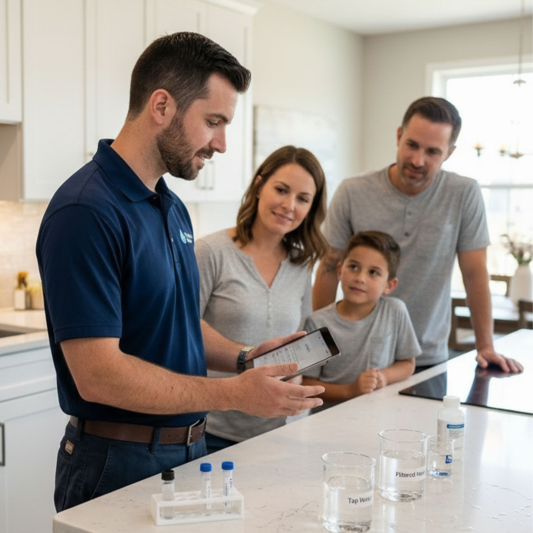 Professional-Home-Water-Testing-Services–Tri-County-Water-PG38-Creative Water treatment technician testing residential water samples with laboratory beakers and digital water testing equipment in a modern home kitchen